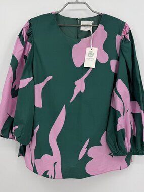 Hyacinth House by Tuckernuck Pink/Green Penelope Puff Sleeve Top XXL 2XL Cotton